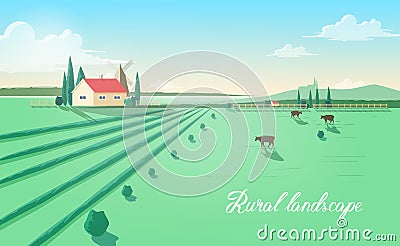 Spectacular rural landscape with farm building, windmill, cows grazing in green field against beautiful sky on Vector Illustration