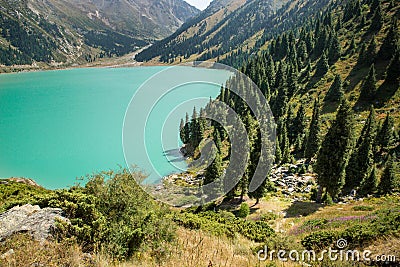 Spectacular scenic Big Almaty Lake ,Tien Shan Mountains in Almaty, Kazakhstan Stock Photo