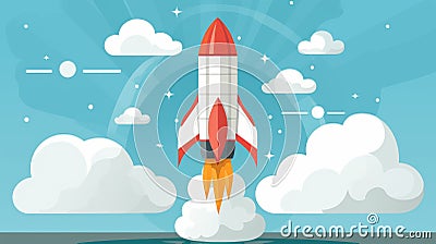 Spectacular space rocket launch surging into blue sky with fiery trail of propulsion Stock Photo