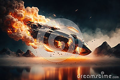 Spectacular spaceship crash, flaming rocket falls into the water. Stock Photo