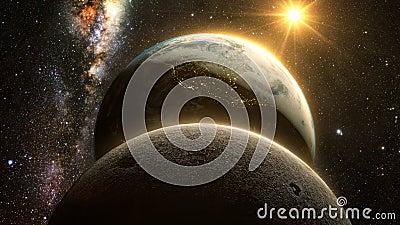 Spectacular sunrise view over Planet Earth and moon Stock Photo