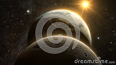 Spectacular sunrise view over Planet Earth and moon Stock Photo