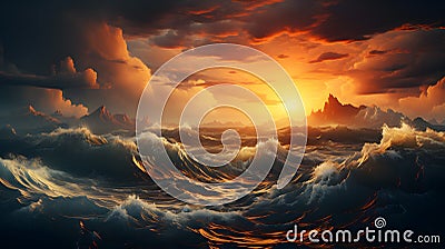 Spectacular Sunset over the Turbulent Ocean Stock Photo