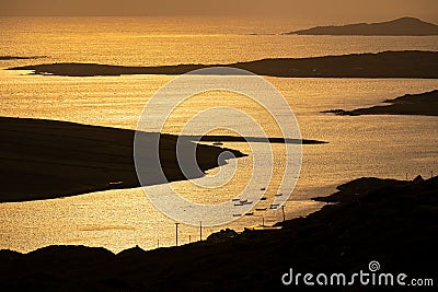 Sunset view of Ardmore and Turbot islands from famous scenic Sky Road, 15km looped drive starting in Clifden with numerous Stock Photo
