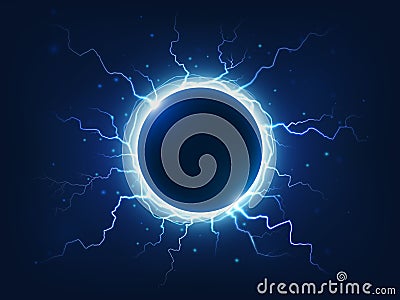 Spectacular thunder and lightning surround blue electric ball. Power energy sphere surrounded electrical lightnings Vector Illustration