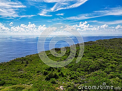 Aerial view from the bluff in Cayman Brac Cayman Islands showing rock structure and lush greenery plants Stock Photo