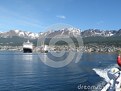 Boat and mountains at Usuahia Argentina Editorial Stock Photo