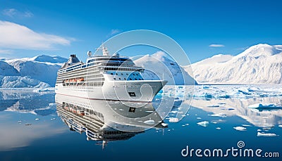Spectacular views of a large cruise ship sailing through majestic northern seascape with glaciers Stock Photo