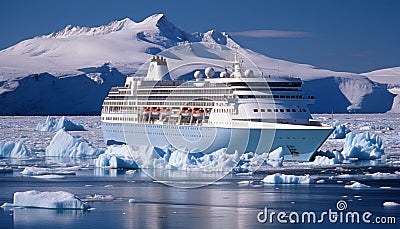 Spectacular views of large cruise ship sailing through northern seascape with glaciers in canada Stock Photo