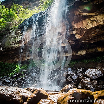 Spectacular Waterfall Cascading Down High Cliff on Sunny Day Stock Photo