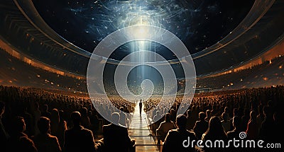 Spectators in the large hall. Concert, cinema or business hall, many people look at the big screen Stock Photo