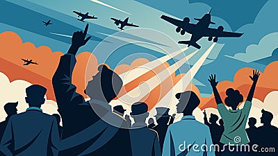 Spectators point and cheer as classic warplanes streak through the sky their silhouettes instantly recognizable to those Vector Illustration