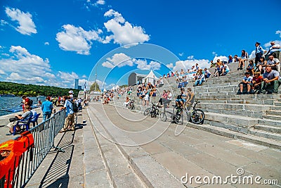 Spectators of solar boats competitions Editorial Stock Photo