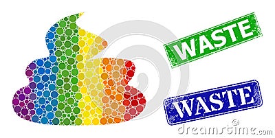 Scratched Waste Stamp Seals and Spectrum Gradient Dotted Shit Collage Vector Illustration