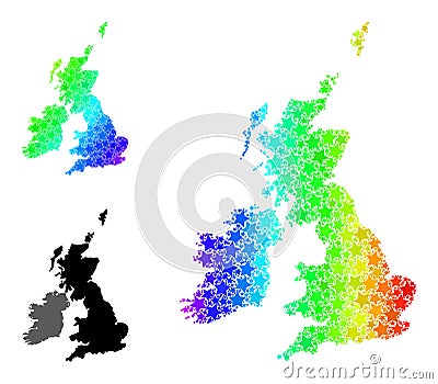 Spectral Colored Gradient Star Mosaic Map of Great Britain and Ireland Collage Vector Illustration