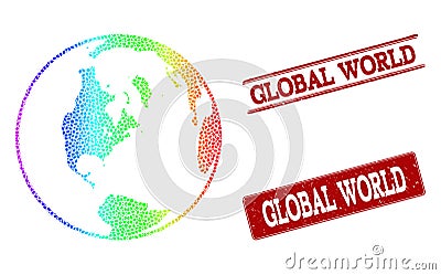 Dotted Spectrum Map of Global World and Grunge Stamp Seals Vector Illustration