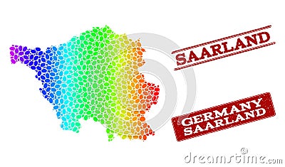 Dotted Spectrum Map of Saarland State and Grunge Stamp Seals Vector Illustration