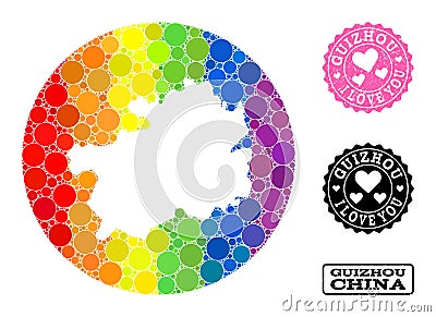 Spectrum Mosaic Hole Circle Map of Guizhou Province and Love Rubber Stamp for LGBT Stock Photo