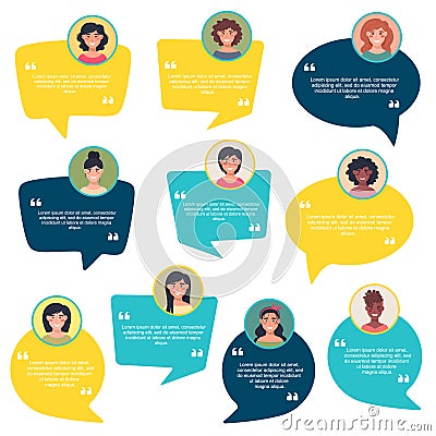 Speech bubble concept feedback, female avatar collection, customer feedback on info graphic, app and website. Creative testimonial Vector Illustration