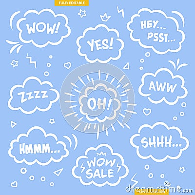 Speech bubble doodles set. Hand-drawn comic dialog clouds. Cartoon speech balloons with hearts, zigzag elements, stars, triangles Vector Illustration