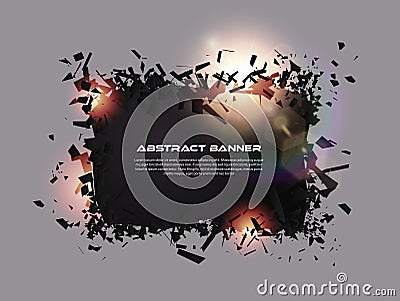 Speech bubble, exploding effect. Abstract explosion black pieces with lens flare. Explosive destruction. Particles on dark banner Vector Illustration