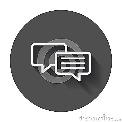 Speech bubble flat vector icon. Discussion dialog logo illustration. Business pictogram concept on black round background with lo Vector Illustration