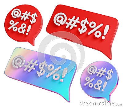 Speech bubble grawlix signs set. Red and holographic censure dialog clouds. 3D rendering. Stock Photo
