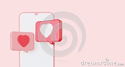 Speech bubble Like heart dialog on mobile phone. 3d rendering. With copy space Stock Photo