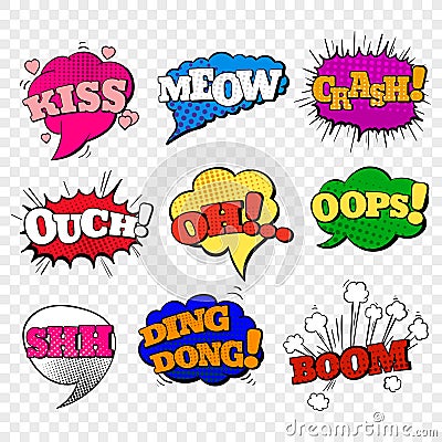 Speech bubble in pop art style. Set of comic text signs in bright colors. Sound effects icons. Vector illustration Vector Illustration