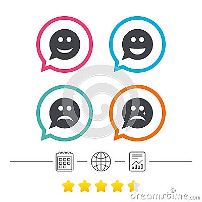 Speech bubble smile face icons. Happy, sad, cry. Vector Illustration