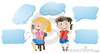 Speech bubble template with kids talking on phone Vector Illustration