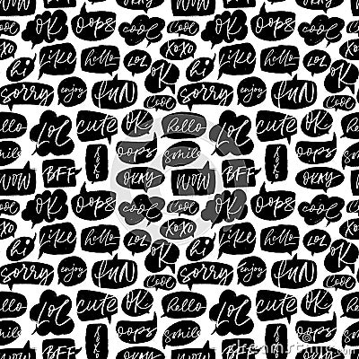 Speech bubble vector seamless pattern with short slang youth words. Vector Illustration
