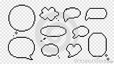 Speech bubbles and clouds pixel isolated icons. Frame empty black sketches with lines scribbles. Vector Illustration