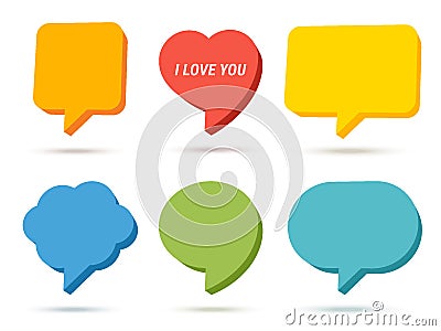 Speech Bubbles. Set of 3D vector shapes: square, rectangle, heart, circle, oval, cloud with place for text. Collection of blank Vector Illustration