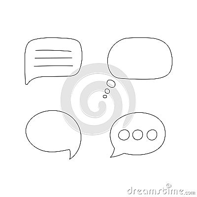 Speech bubbles in simple doodle style. Set of empty shapes for thoughts, text, notes. Black and white outline Vector Vector Illustration