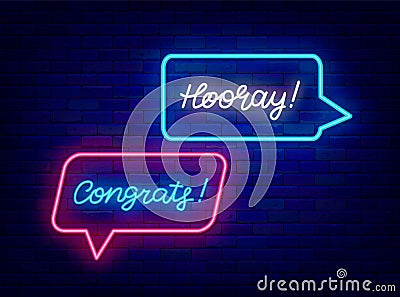 Speech bubbless with congrats and hooray neon lettering. Shiny calligraphy. Achievement celebration. Vector illustration Vector Illustration