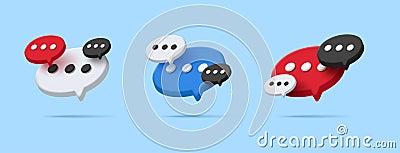 Speech, communication, dialogue bubbles front view and perspective, 3d render rounded icon set with 3 dots inside Vector Illustration