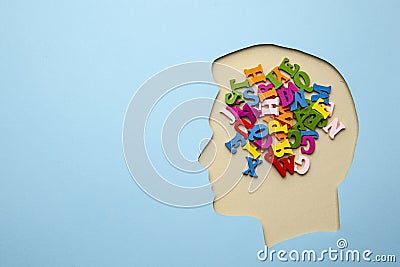 Speech defect in the head is lot of letters and words. Inability to Express Your Thoughts Stock Photo