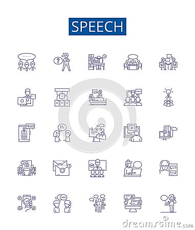 Speech line icons signs set. Design collection of Speech, Oral, Address, Oratory, Talk, Lecture, Monologue, Discourse Vector Illustration