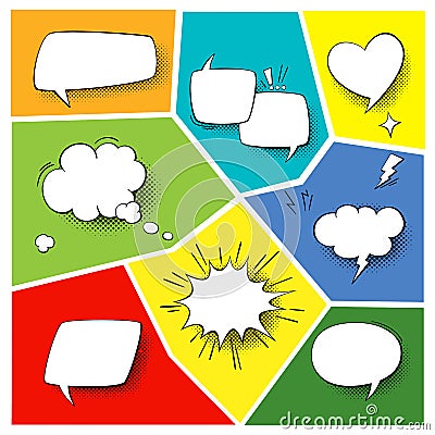 Speech popart elements. Comic cartoon shapes for dialogs thinking and talking on varicoloured backgrounds set Vector Illustration