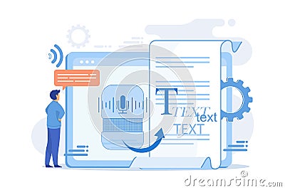 Speech-to-text app, voice recognition application. Convert speech to text, multi-language speech recognizer, Vector Illustration