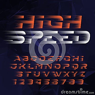 Speed alphabet font. Fast speed effect futuristic type letters and numbers. Vector Illustration