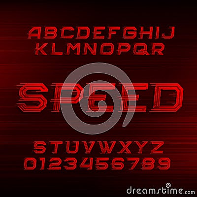 Speed alphabet font. Oblique dynamic red letters and numbers. Vector Illustration