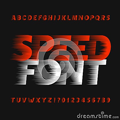 Speed alphabet font. Wind effect type letters and numbers on a dark background. Vector Illustration