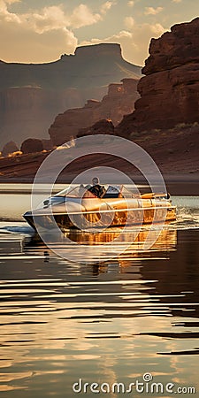 Sailor Jerry's Desertwave: Speedboat On Colorado River At Twilight Stock Photo