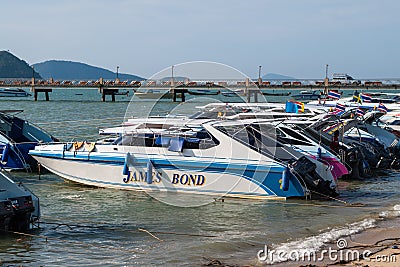 Speed boat near the coast in the Bay Editorial Stock Photo