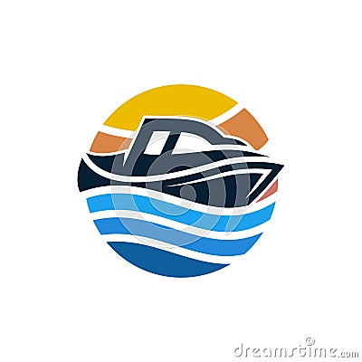 Speed Boat Sunset In Circle Creative Logo Vector Illustration