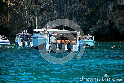 Speed boat with traveler are in side. It is Krabi Province, Thailand. Editorial Stock Photo