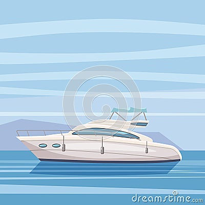 Speed boat, yacht on seascape background, cartoon style, vector illustration, isolated Vector Illustration