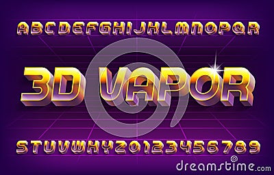 3D Vapor alphabet font. Retro letters and numbers in 80s style. Vector Illustration